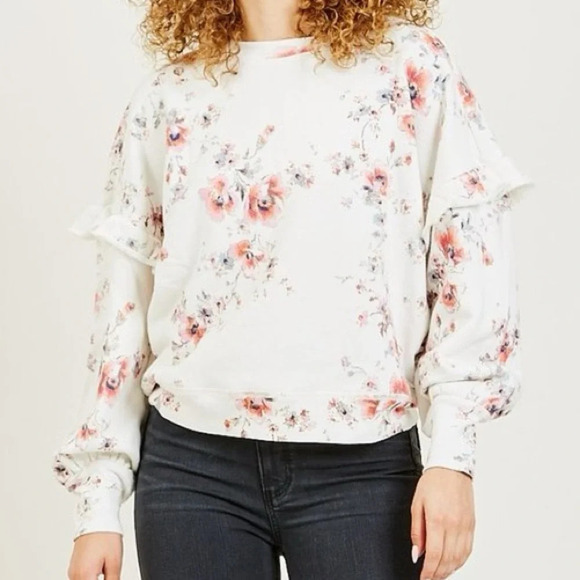 PAIGE Tops - Paige Adara Floral Crewneck Ruffle Pullover Sweatshirt- Ivory